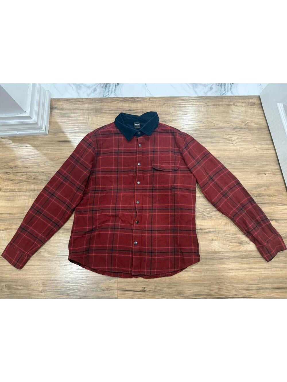Oakley Flannel Shirt Mens Cotton Large Red Black Plaid Corduroy Collar